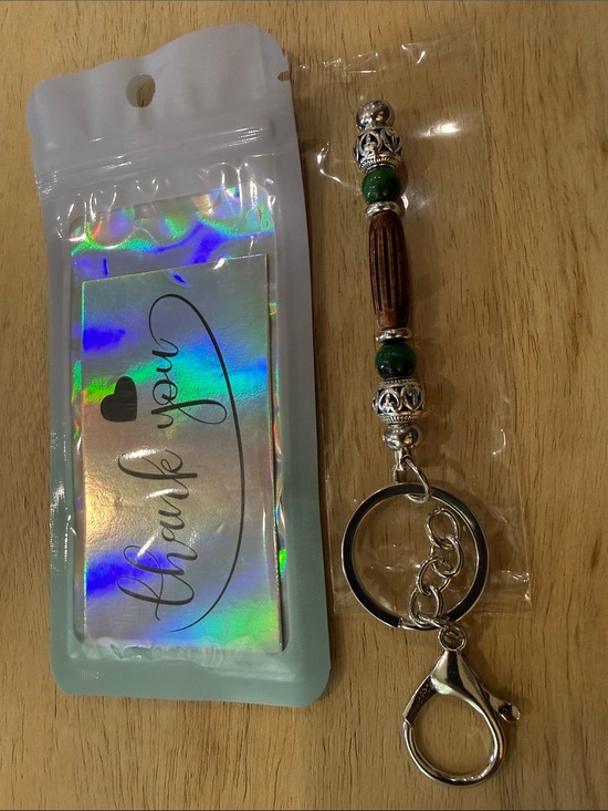 Handmade Accessories - Wood Bead Keychain with Green Stone Accents